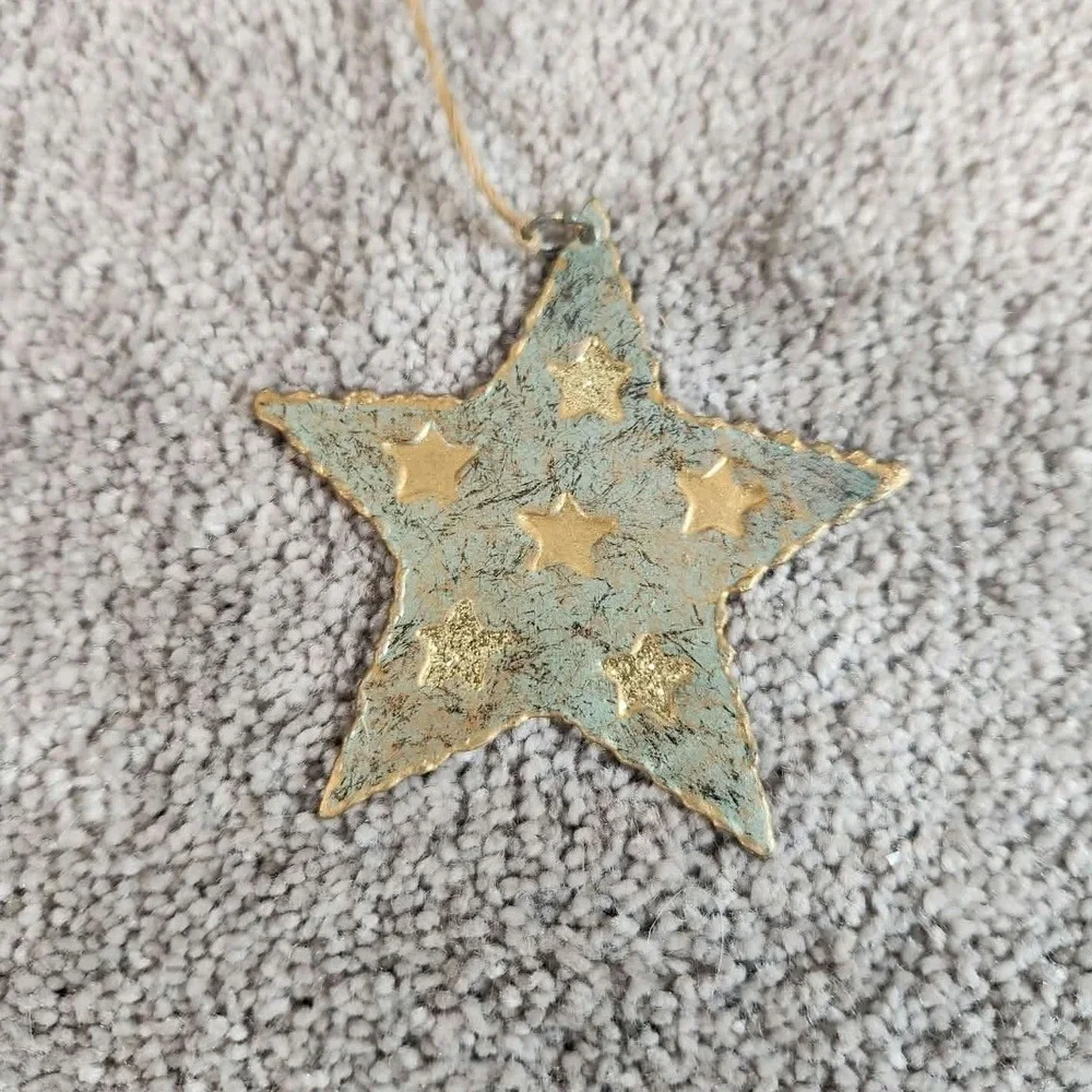 Metal Ornaments Green Gold Bird Star Rustic Verdigris Set of 2